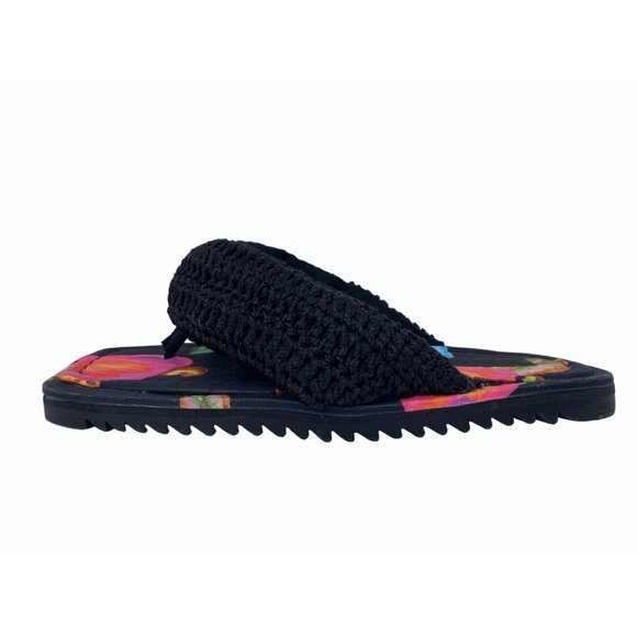 Farm Rio Size 8 Cashew Crochet Puffy Flower Flip Flops Black Pink Orange - Picture 5 of 10
